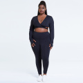 Mulheres plus size atlético desgaste cross top e leggings conjunto de fitness roupas de manga longa de ioga preta de manga longa